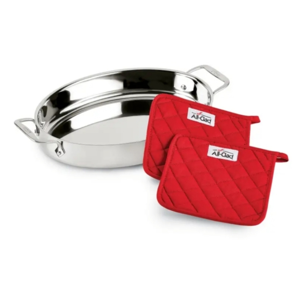 NIB All-Clad Stainless Steel 15" Oval Baker With Pot Holders